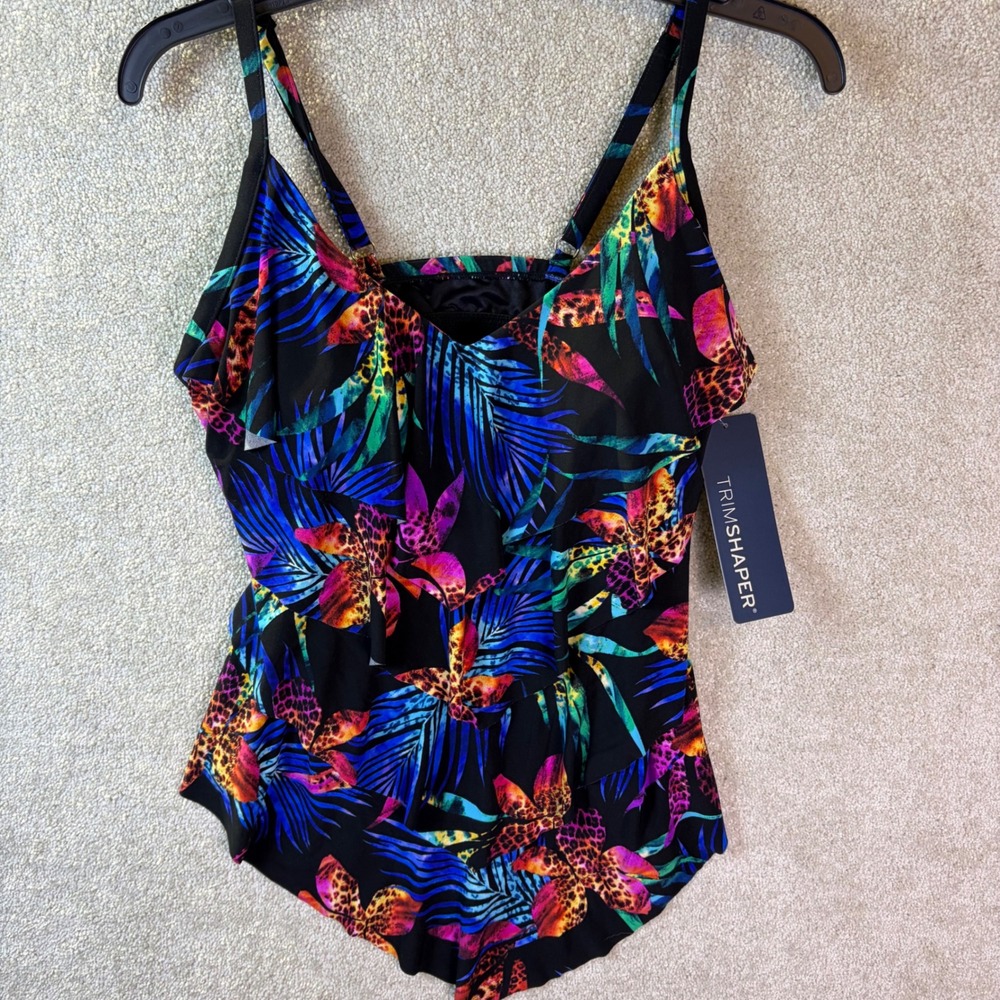 Trimshaper Swimwear Women 10 Multicolor Tropical Leopard Print Ruffle Top‎ 1 Pc